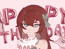 a girl is holding a cake in front of balloons that say happy 16th day