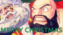 a cartoon of santa claus and a bearded man with the words merry christmas below them