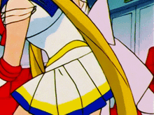 a close up of a cartoon character 's skirt with a yellow stripe