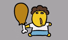 a cartoon character is holding a chicken leg in his hand