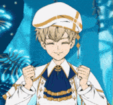 a boy wearing a white hat and a blue and gold outfit is smiling