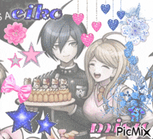 a picture of a boy and a girl holding a cake with the name saeko on it