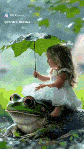 a little girl in a white dress is sitting on a frog holding an umbrella