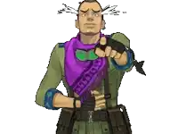 a pixel art of a man with a purple scarf on his neck
