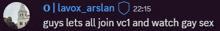 guys lets all join vc1 and watch gay sex written on a purple background
