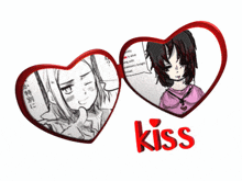 two hearts with a picture of a girl and the word kiss