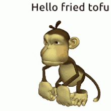 a cartoon monkey says hello fried tofu in a white background