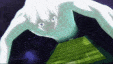 a person with white hair and blue eyes is standing on a soccer field
