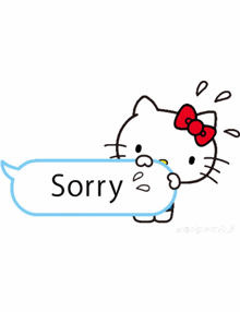 a hello kitty sticker with a speech bubble saying sorry