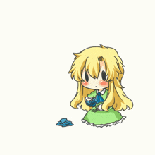 a drawing of a girl in a green dress with a blue bow