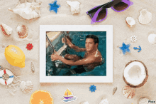 a picture of elvis presley in a swimming pool surrounded by seashells and sunglasses