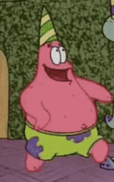 patrick star from spongebob is wearing a party hat and smiling