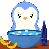 a penguin is sitting next to a bowl of water with ice cubes