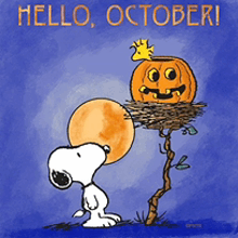 a cartoon of snoopy standing next to a pumpkin with the words hello october on it