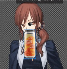 a girl is drinking from a can of ooh goon juice