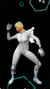 a woman in a white suit is dancing in front of a black background