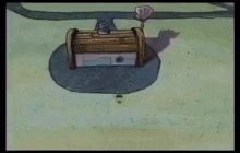 spongebob squarepants is flying through the air with a rocket in his hand .