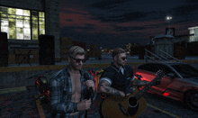 two men playing guitars in a parking lot with a sign in the background that says pxd