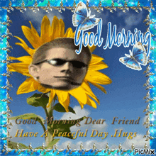 a picture of a sunflower with a man 's face on it and the words good morning dear friend have a peaceful day hugs