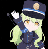 a little girl with green hair wearing a police uniform