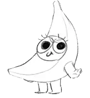 a black and white drawing of a banana with big eyes and arms
