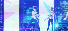 a group of anime characters are dancing on a stage with buildings in the background