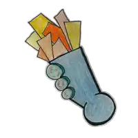 a drawing of a hand holding a blue object with a bunch of papers in it