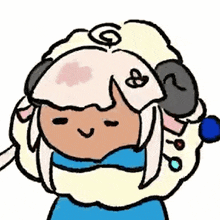 a cartoon drawing of a sheep wearing a blue scarf and a hat .