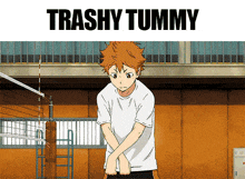 a picture of a volleyball player with the words trashy tummy written above him