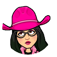 a cartoon woman wearing a pink cowboy hat and glasses .