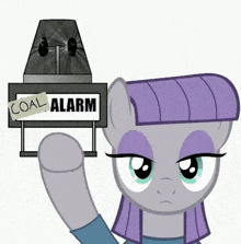 a cartoon pony is holding a sign that says " coal alarm "