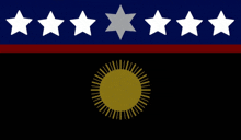 a flag with five white stars and a sun in the middle