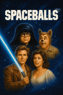a poster for spaceballs shows a man with a light saber