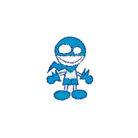 a blue cartoon character is doing a handstand