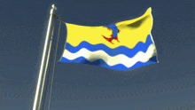 a yellow white and blue flag with a red dragon on it