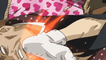 a cartoon of a man laying on a bed with hearts on his pants