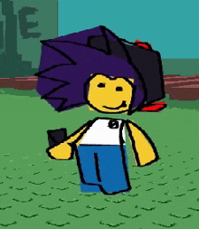 a cartoon drawing of a lego character with a purple haircut holding a phone .