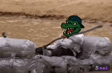 a cartoon of a crocodile wearing a hat and holding a stick in a raft that says 3look