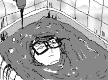 a black and white drawing of a man in a bathtub with glasses on .