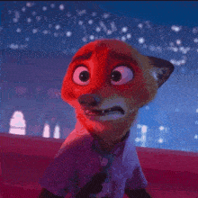 a cartoon fox wearing a purple shirt and tie is making a funny face .