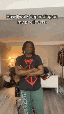 a man standing in a room with his arms crossed and the caption how i walk depending on my pee levels .
