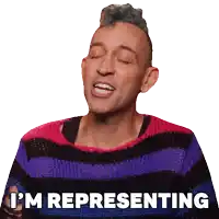 a man in a striped sweater is saying i 'm representing