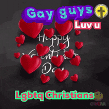 a valentine 's day card with red hearts and the words gay guys luv u