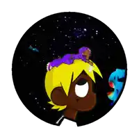 a cartoon character with yellow hair and a purple jacket is sitting on top of a planet in space