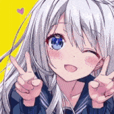 a cute anime girl with white hair and blue eyes is making a peace sign .