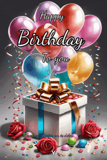 a birthday card with balloons and a gift box that says happy birthday to you