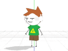 a stick figure wearing a green shirt with a yellow triangle on the front