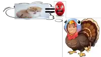 a cartoon of a turkey and a cat with an angry face in a thought bubble