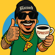 a cartoon of a man wearing a beanie that says blazord
