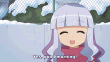 a cartoon girl with white hair says yes good morning